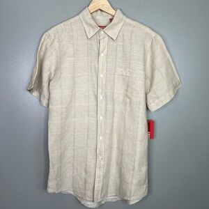 Men's Izod linen cotton blend cream tan button up shirt‎ casual office basic